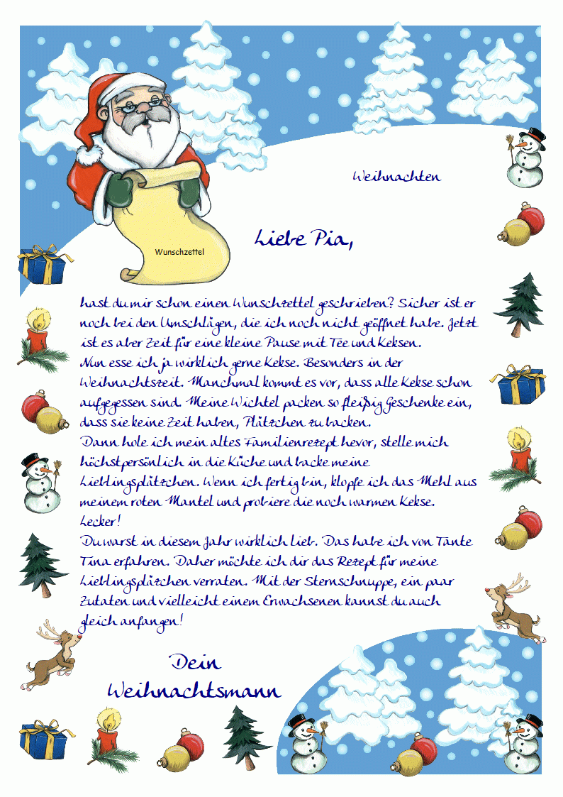 Ein Brief vom Weihnachtsmann Text Lieblingskekse